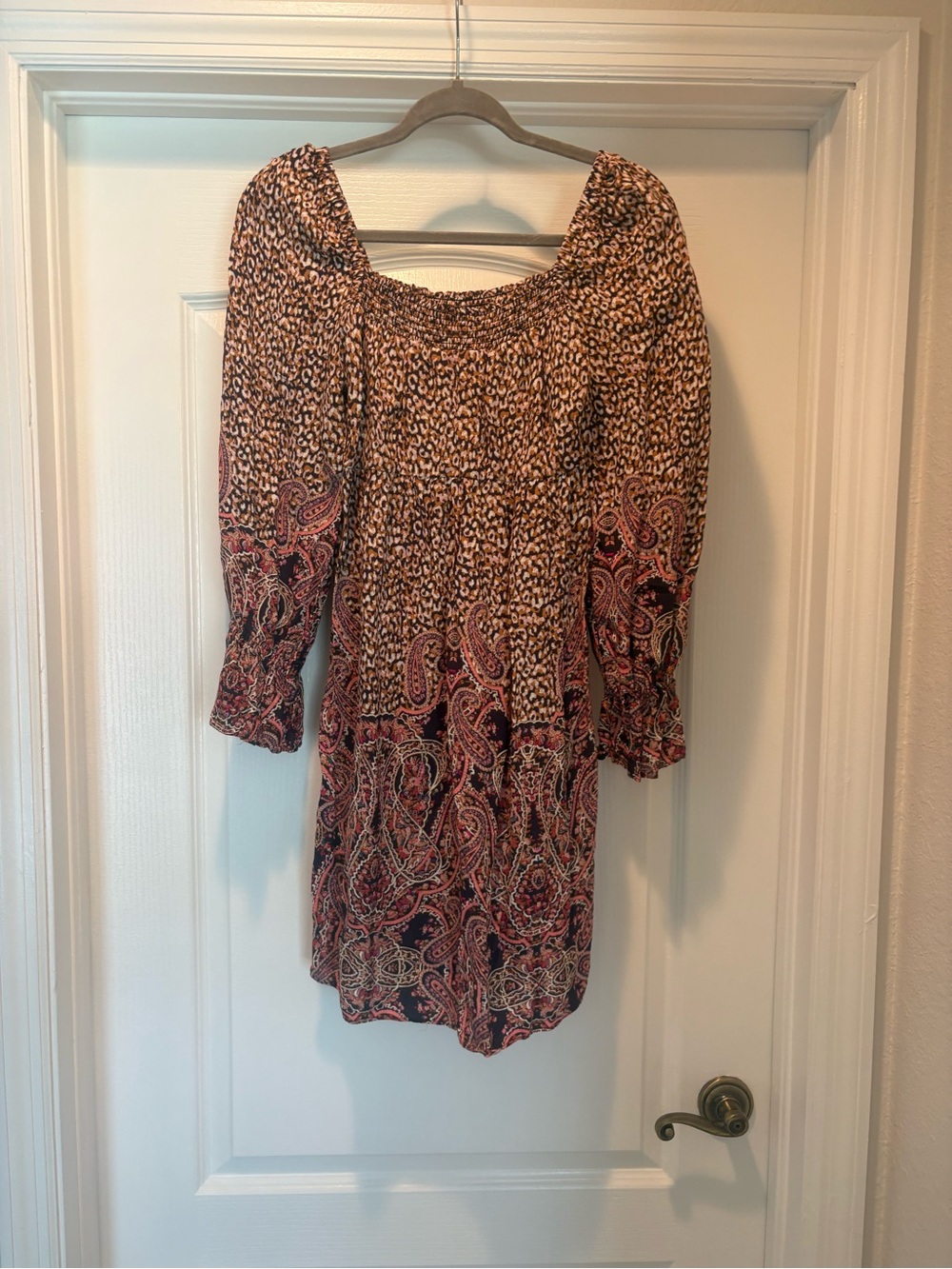 Maeve Boho Mixed Leopard & Paisley Long Sleeve Dress in Brown and Pink